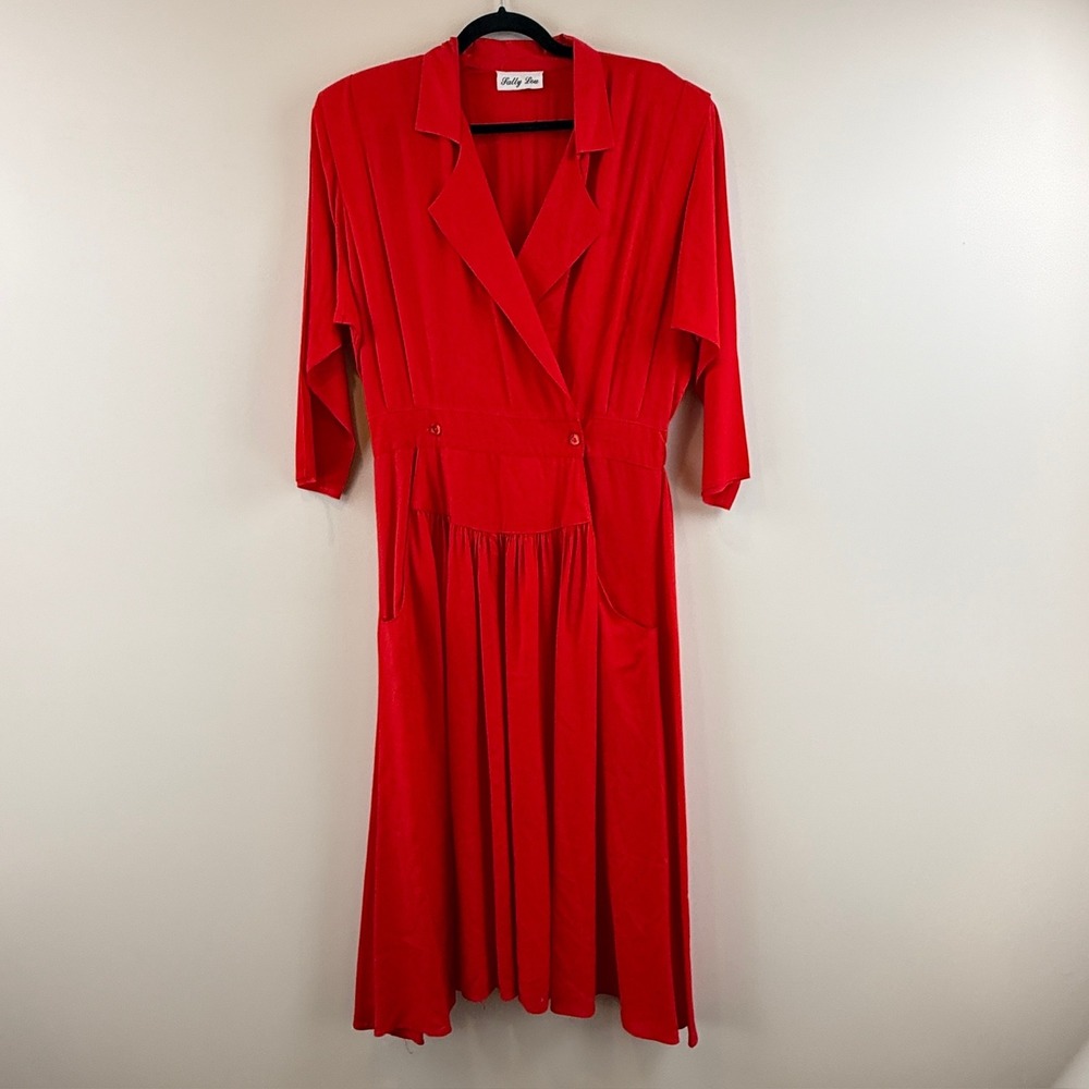 Sally Lou Dress Womens 14 Vintage Retro Red Midi Wrap V-Neck Pockets USA Made